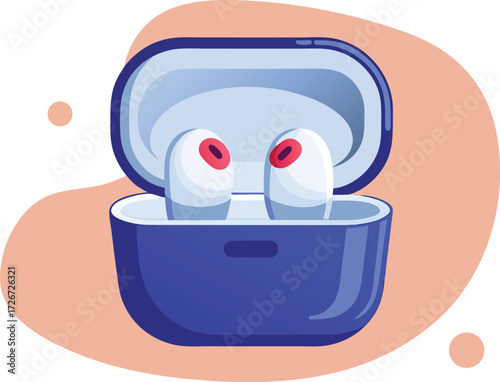 Vector illustration of wireless earbuds floating outside their open charging case