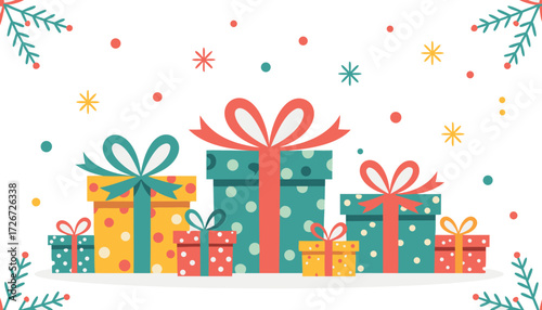 Colorful gift boxes with bows and festive decorations on white background  