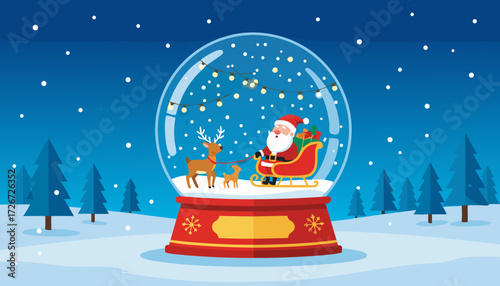 Santa Claus in snow globe with reindeer in winter wonderland scene  