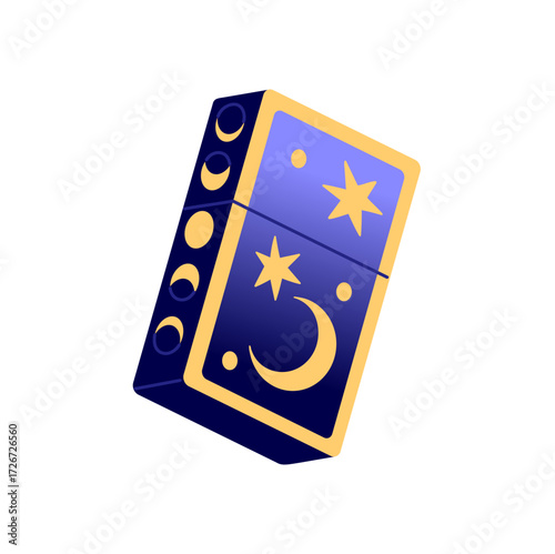 Cute design of modern gasoline lighter. Closed gas fluid equipment for smoking. Fire accessory with mystical pattern of night to light cigarette. Flat isolated vector illustration on white background