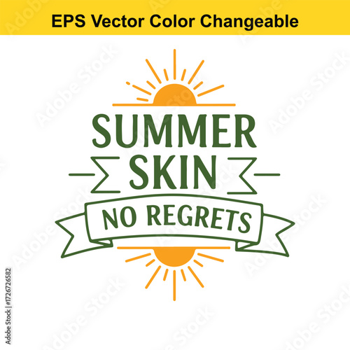 Vector art of summer skin no regrets text with sun and banner