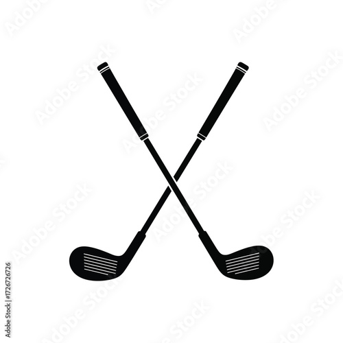 A simple graphic representation of two crossed golf clubs in black