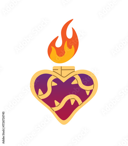 Design of modern gas lighter with shape of heart. Fluid smoking accessory with fire. Burning fashion petrol equipment, tool, gasoline gear. Flat isolated vector illustration on white background