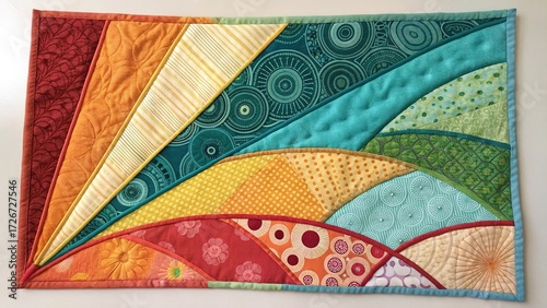 Colorful fabric collage featuring geometric shapes and curved lines in vibrant hues