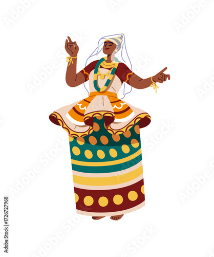 Dancer of traditional Indian dances performs bharatanatyam, garba, odissi. Woman in national sari, ethnic clothes of India moves in bhangra. Flat isolated vector illustration on white background
