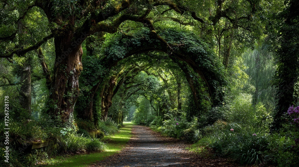 Obraz premium Pathway through vibrant green tree tunnel