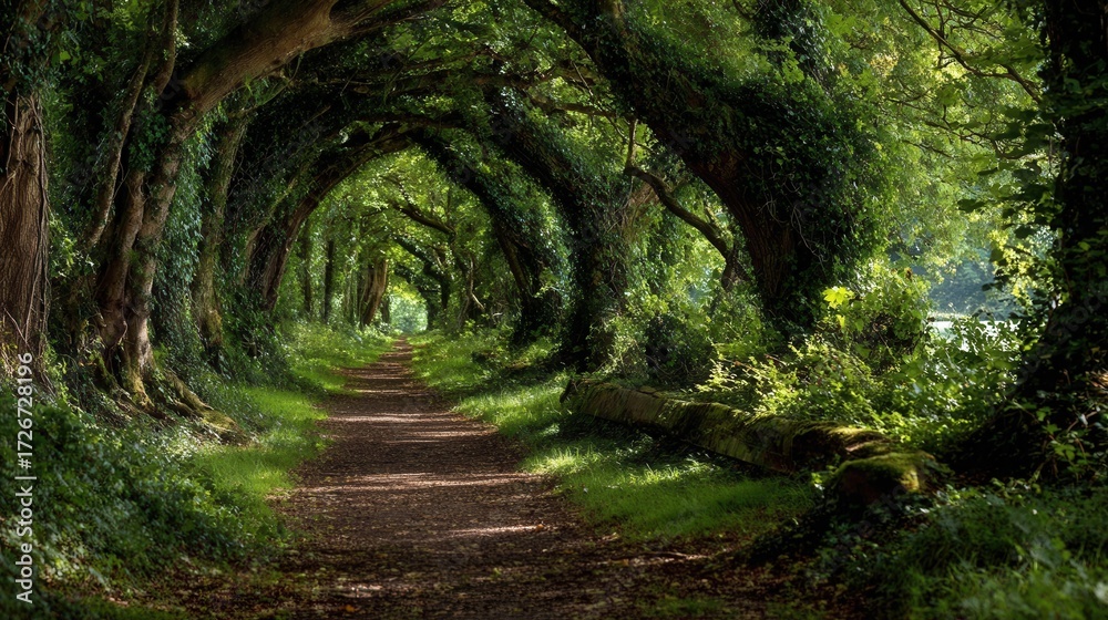 Obraz premium Pathway through vibrant green tree tunnel