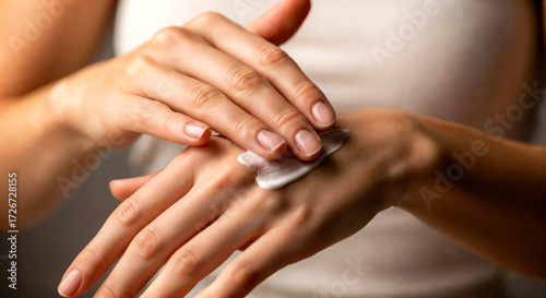 Woman applying cream to her hands for winter skin care  