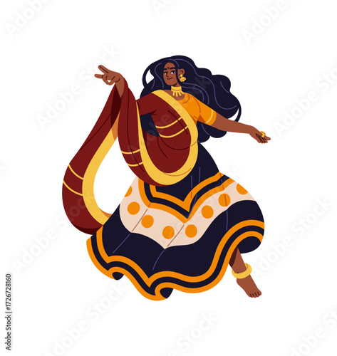 Indian dancer in national dress, sari performs ethnic dances. Woman with traditional jewelry, clothes moves in Bharatanatyam. Culture of India. Flat isolated vector illustration on white background