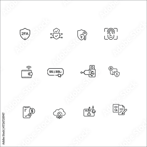 Crypto Security and Wallet Protection Icon Set – Minimal Vector Icons for Blockchain Safety, 2FA, Biometric Access, and Secure Transactions