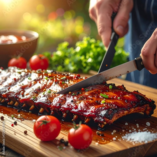 BBQ ribs being sliced