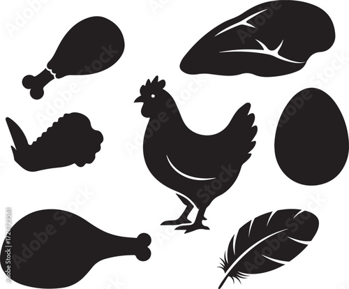 A collection of black silhouette icons representing a whole chicken and its various products, including drumstick, wing, breast, egg, and feather