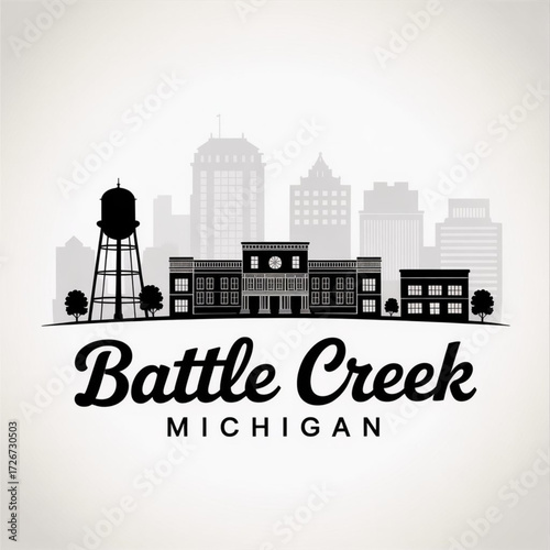 Battle Creek Michigan Skyline Silhouette — The Cereal City of the Midwest Vector Illustration
