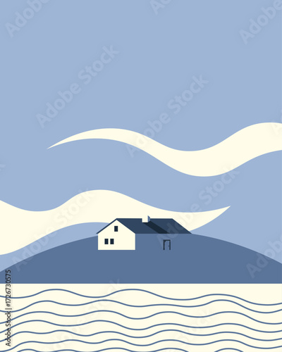 House on the seashore minimalist poster, banner, postcard