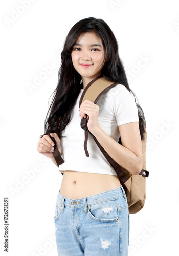 woman and backpack