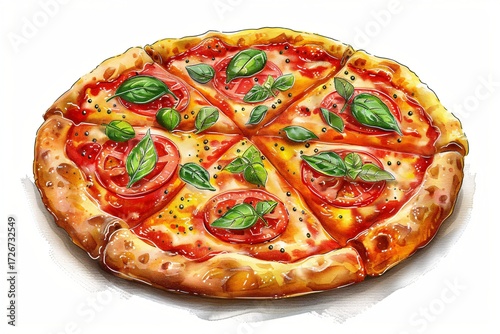 Dessin de pizza, basilic, tomate, mozzarella, recette italienne, façon aquarelle, crayon.