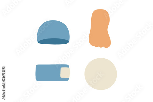 Abstract collection of everyday objects including a swimming cap, foot, bandage, and plate with soft textured appearance