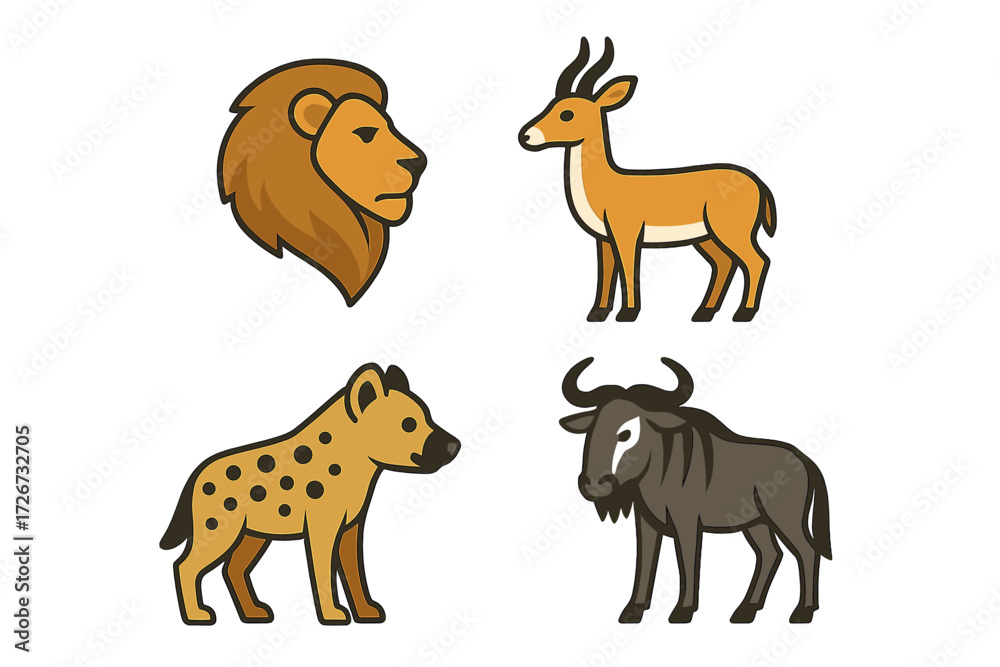 Fototapeta premium Collection of iconic African safari animals featuring a majestic lion, graceful gazelle, spotted hyena, and powerful wildebeest
