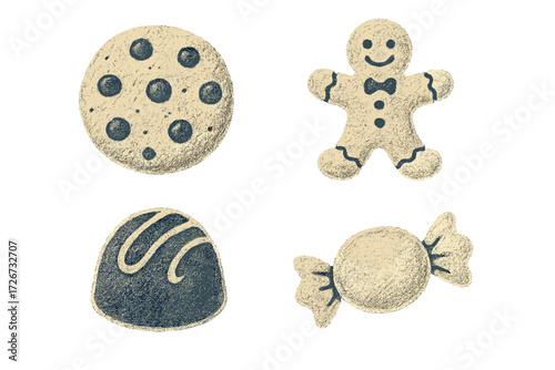 Assortment of sweet baked goods and confectionery treats with a textured, hand-drawn aesthetic