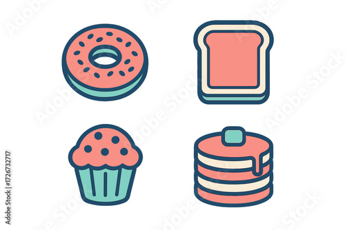 Colorful assortment of sweet breakfast and dessert foods featuring donut, toast, cupcake, and pancakes