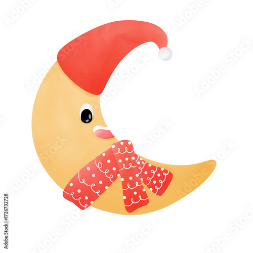 Smiling Crescent Moon in Santa Hat and Scarf