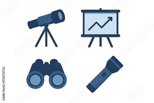 Telescope, binoculars, flashlight, and presentation board with rising graph for business analysis and exploration