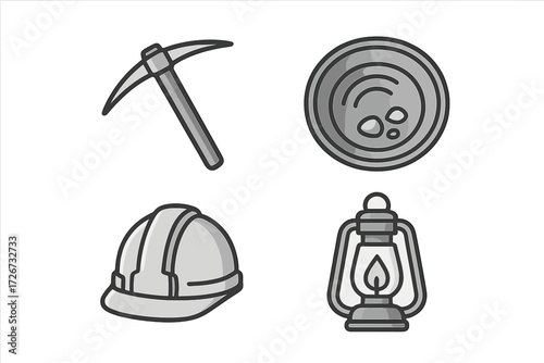 Set of essential mining industry equipment and tools featuring a pickaxe hard hat gold pan and lantern
