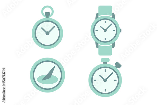Assortment of time measurement tools: classic pocket watch, modern wristwatch, precise stopwatch, and ancient sundial