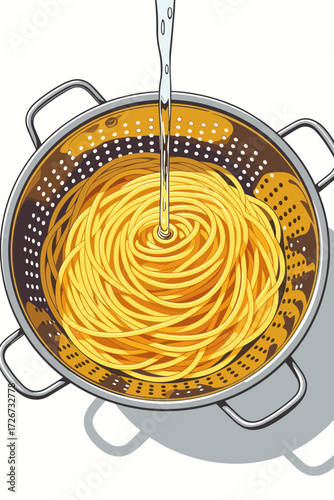 Vector spaghetti in colander with water stream illustration