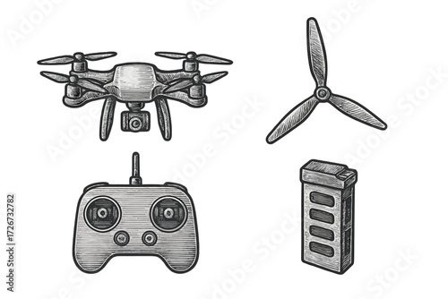 Essential components for modern aerial photography and videography drones including remote controller, propeller, and battery