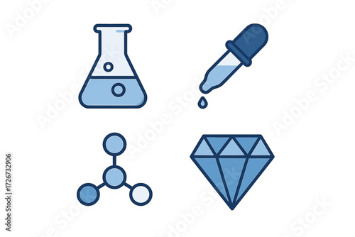 Essential blue science and chemistry icons with laboratory flask, pipette, molecular structure, and diamond
