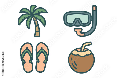 Tropical vacation and beach holiday essentials featuring palm tree snorkel mask flip flops coconut drink