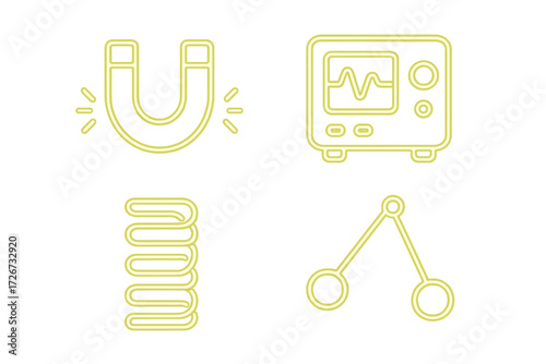 Fundamental physics and engineering icons depicting magnetism, waveform, electrical coil, and pendulum motion
