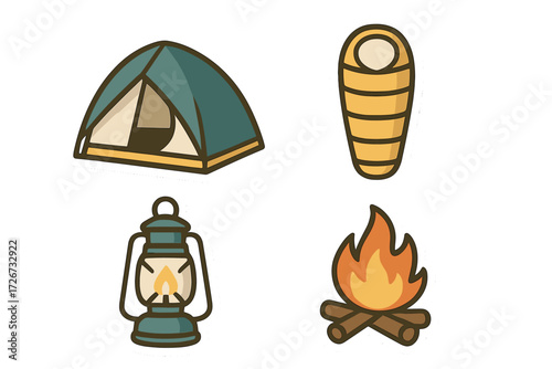 Camping adventure essentials set with tent, sleeping bag, lantern, and campfire icons for outdoor activities