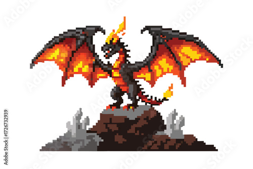 Fire Dragon Pixel Art Boss Sprite. Intense Molten Beast for RPG Battle
