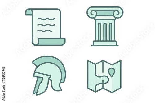 Ancient history and discovery symbols: scroll, classical column, warrior helmet, and treasure map icons