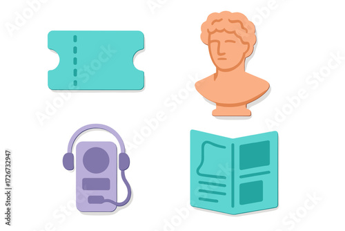 Museum visit and cultural experience icons including ticket, classical bust, audio guide, and brochure