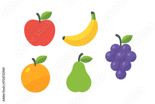 Vibrant fresh fruits assortment including a red apple, yellow banana, orange, green pear, and purple grapes