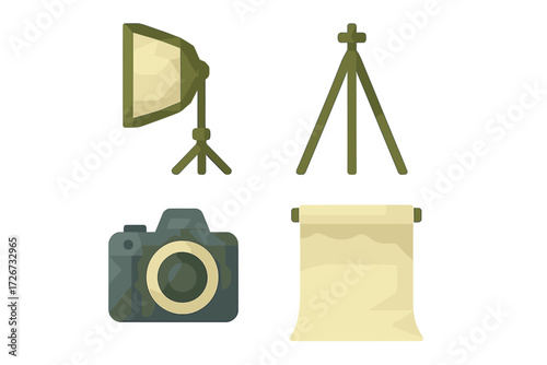 Modern photography studio equipment collection featuring a digital camera, softbox light, adjustable tripod stand, and seamless backdrop paper