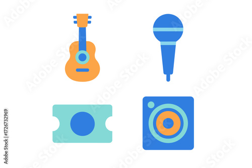 Music concert and entertainment elements including acoustic guitar, microphone, event ticket, and sound speaker