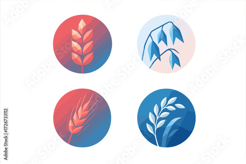 Abstract geometric icons of various cereal grains including wheat, oats, and rice plants in a modern style