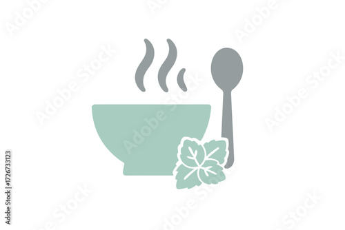 Steaming bowl with spoon and fresh mint leaf, representing warm food, herbal tea, soothing remedies, and healthy eating