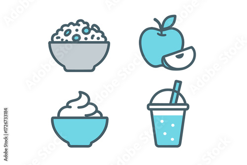 Diverse set of food and drink icons featuring breakfast cereal, fresh fruit, sweet dessert, and a cold beverage