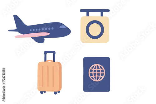 Essential travel items for global journey and vacation preparation including airplane, luggage scale, passport, and rolling suitcase