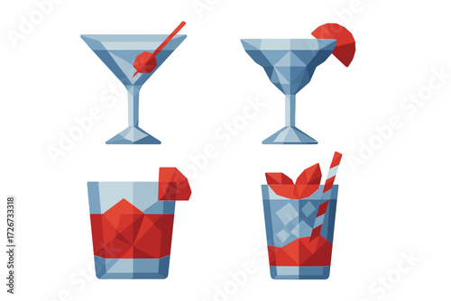 Assortment of refreshing alcoholic cocktails with ice and garnishes in modern geometric low poly style