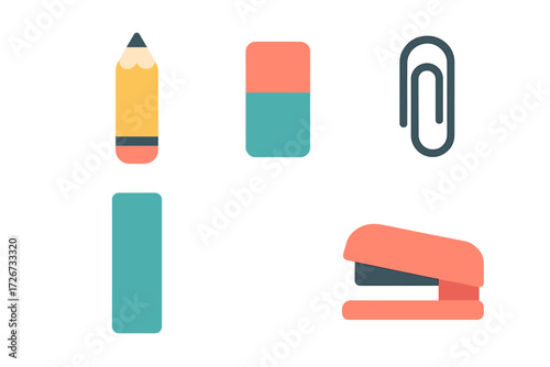 Assortment of essential office and school supplies including a pencil, eraser, paperclip, ruler, and stapler for education and work