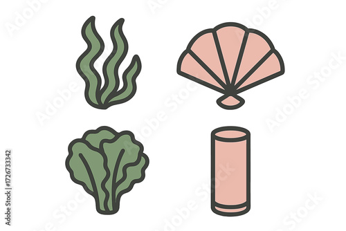 Stylized collection of various marine life elements including green seaweed, ocean plants, and a pink seashell on a white background