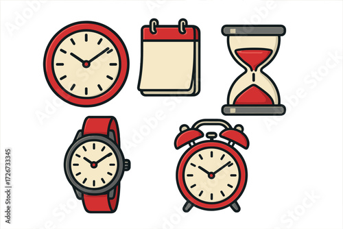 Collection of timekeeping devices and scheduling tools including clocks, watch, hourglass, and calendar