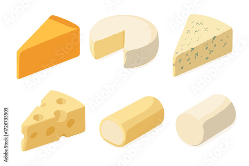 Assortment of delicious dairy cheese varieties including cheddar, brie, blue, swiss, and fresh goat cheese