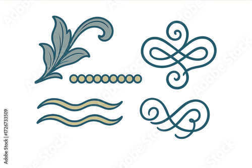 Elegant decorative flourishes, ornate scrolls, and graphic dividers with floral and swirl motifs for design elements